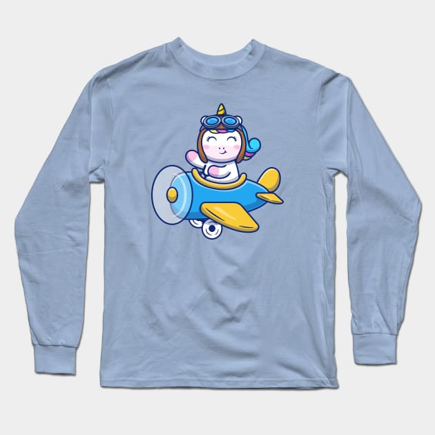 Cute Unicorn Riding Air Plane Long Sleeve T-Shirt by Catalyst Labs